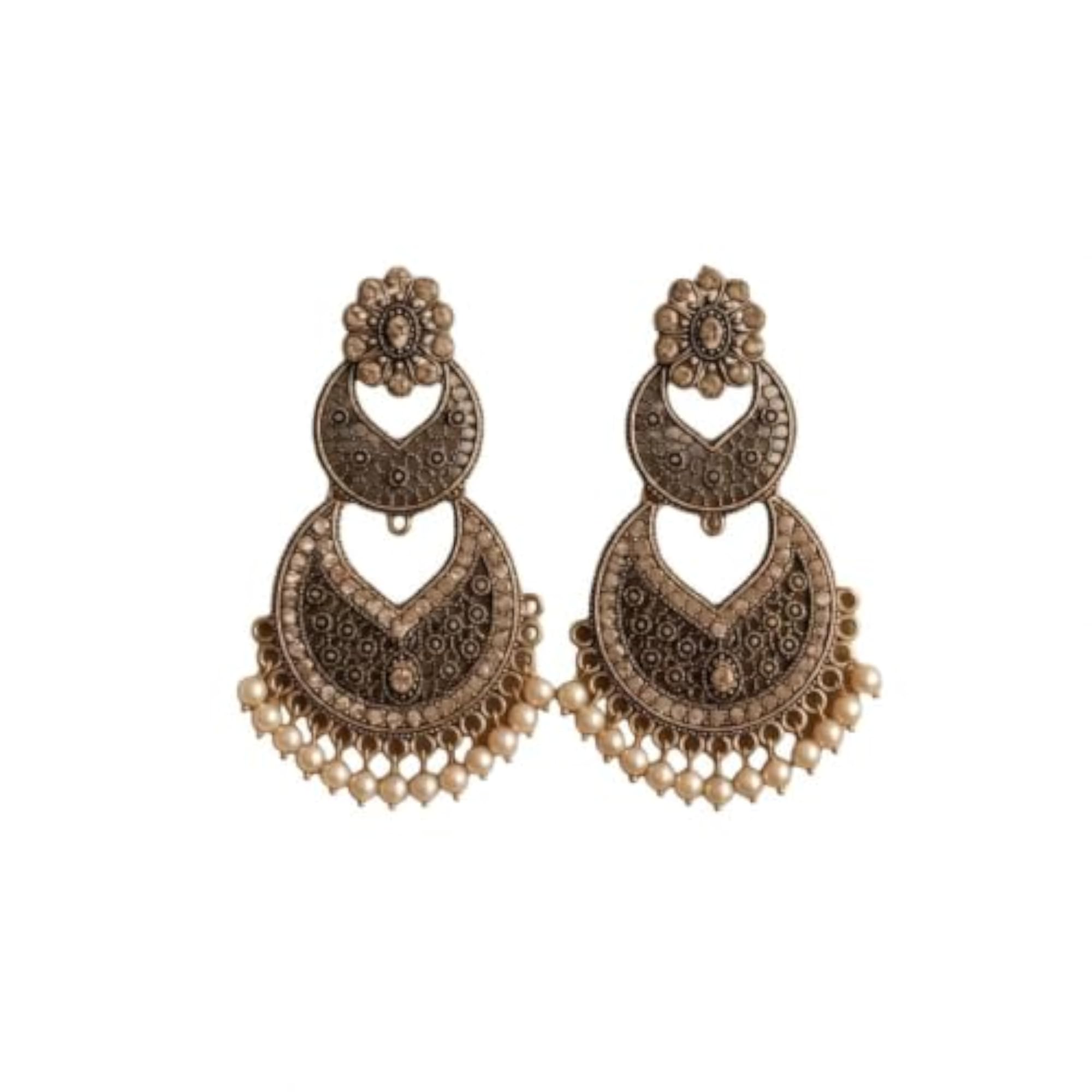 Traditional Chandbali Earrings, Antique Gold & Oxidised Silver